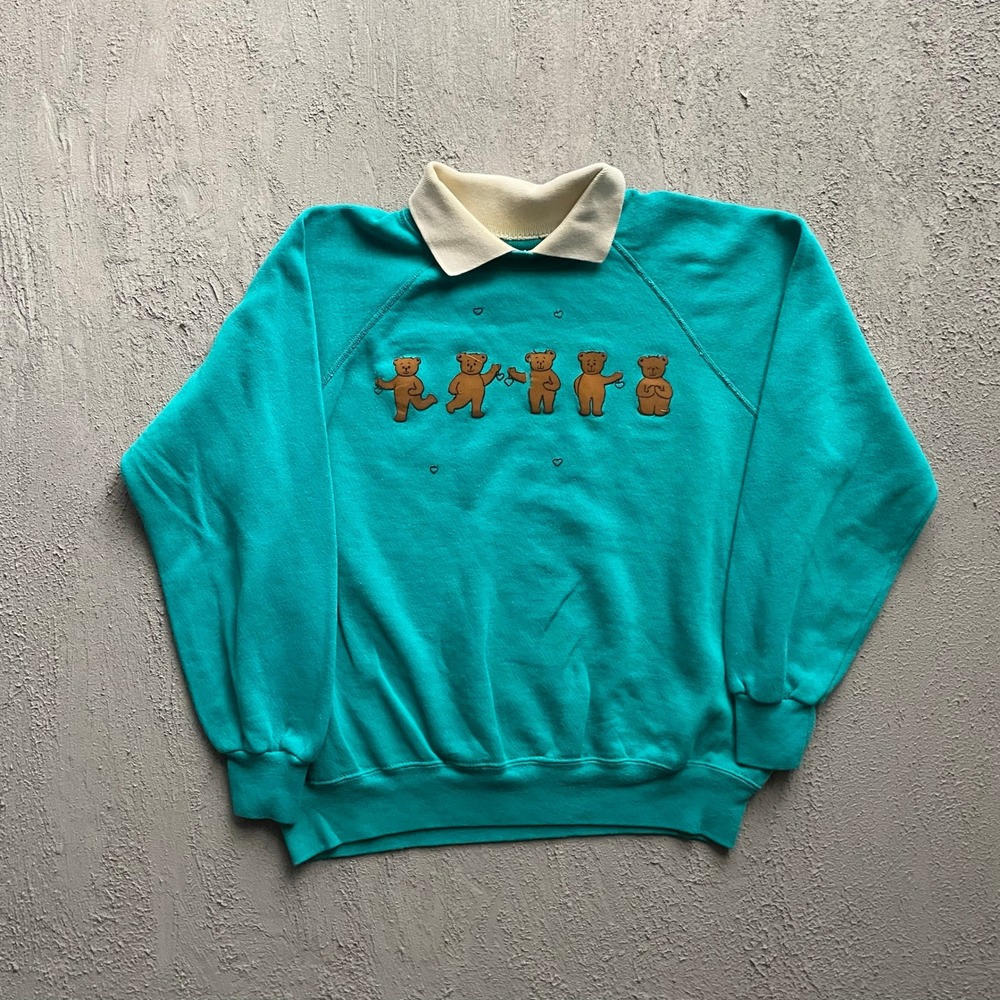 Vintage Teddy Bear Graphic Collared Sweatshirt Unisex L 90s Teal Bassett Walker